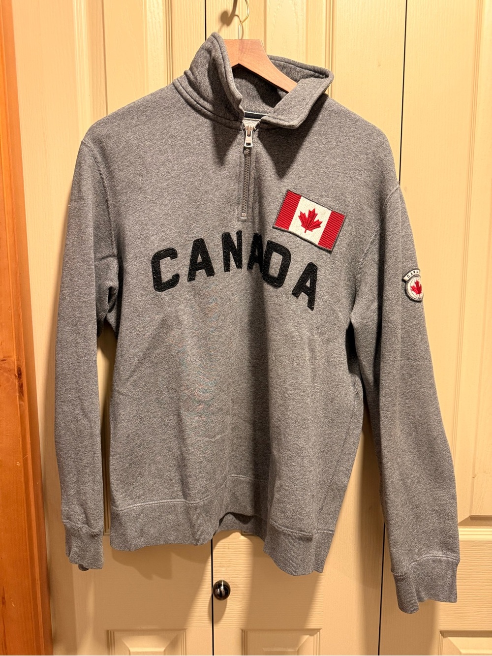 Roots Gray Half-Zip Sweatshirt with Red & White Canada Flag Patch